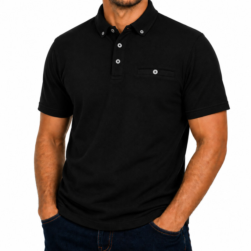 Evryone Mens Cotton Pique Polo Shirt Button Collar Short Sleeve Casual - Collar Detail - QHA UK