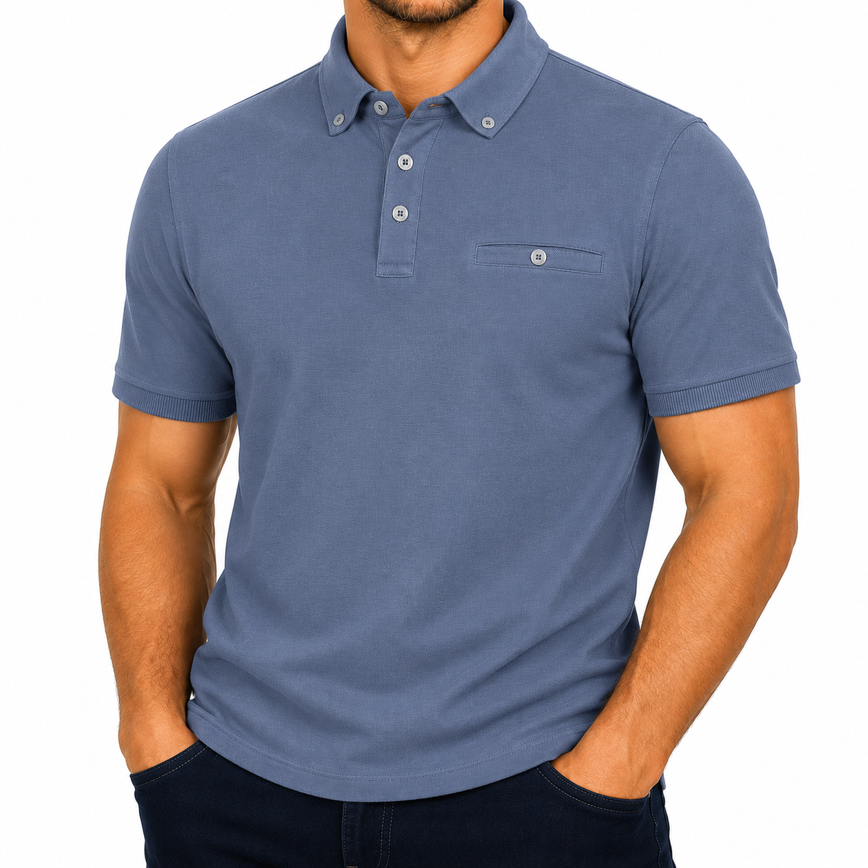 Evryone Mens Cotton Pique Polo Shirt Button Collar Short Sleeve Casual - Collar Detail - QHA UK