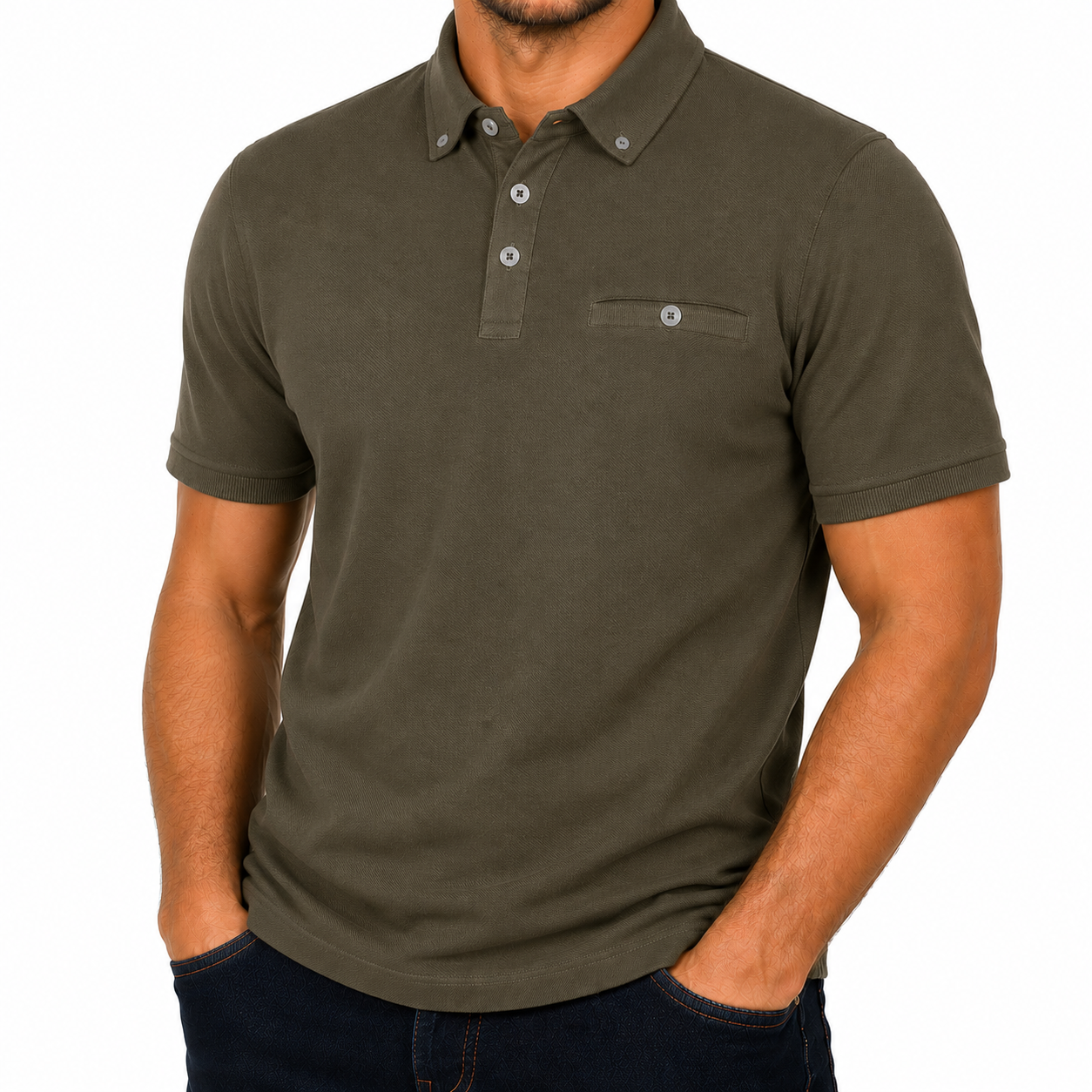Evryone Mens Cotton Pique Polo Shirt Button Collar Short Sleeve Casual - Collar Detail - QHA UK