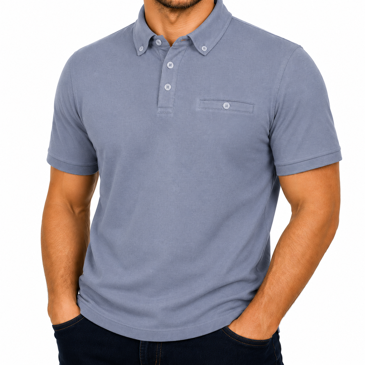 Evryone Mens Cotton Pique Polo Shirt Button Collar Short Sleeve Casual - Collar Detail - QHA UK