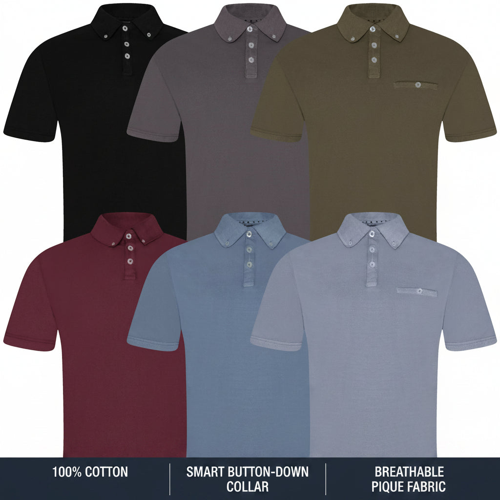 Evryone Mens Cotton Pique Polo Shirt Button Collar Short Sleeve Casual - QHA UK
