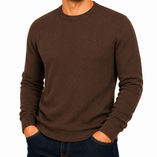 Mens Crew Neck Jumper Chevron Knit Cotton Blend Casual Sweater - QHA UK