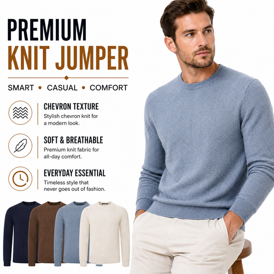 Mens Crew Neck Jumper Chevron Knit Cotton Blend Casual Sweater - Collar Detail - QHA UK
