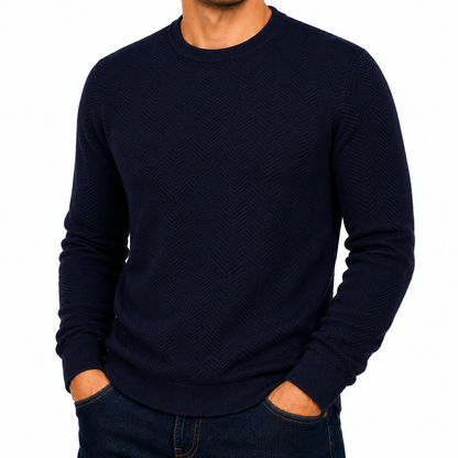 Mens Crew Neck Jumper Chevron Knit Cotton Blend Casual Sweater - Collar Detail - QHA UK