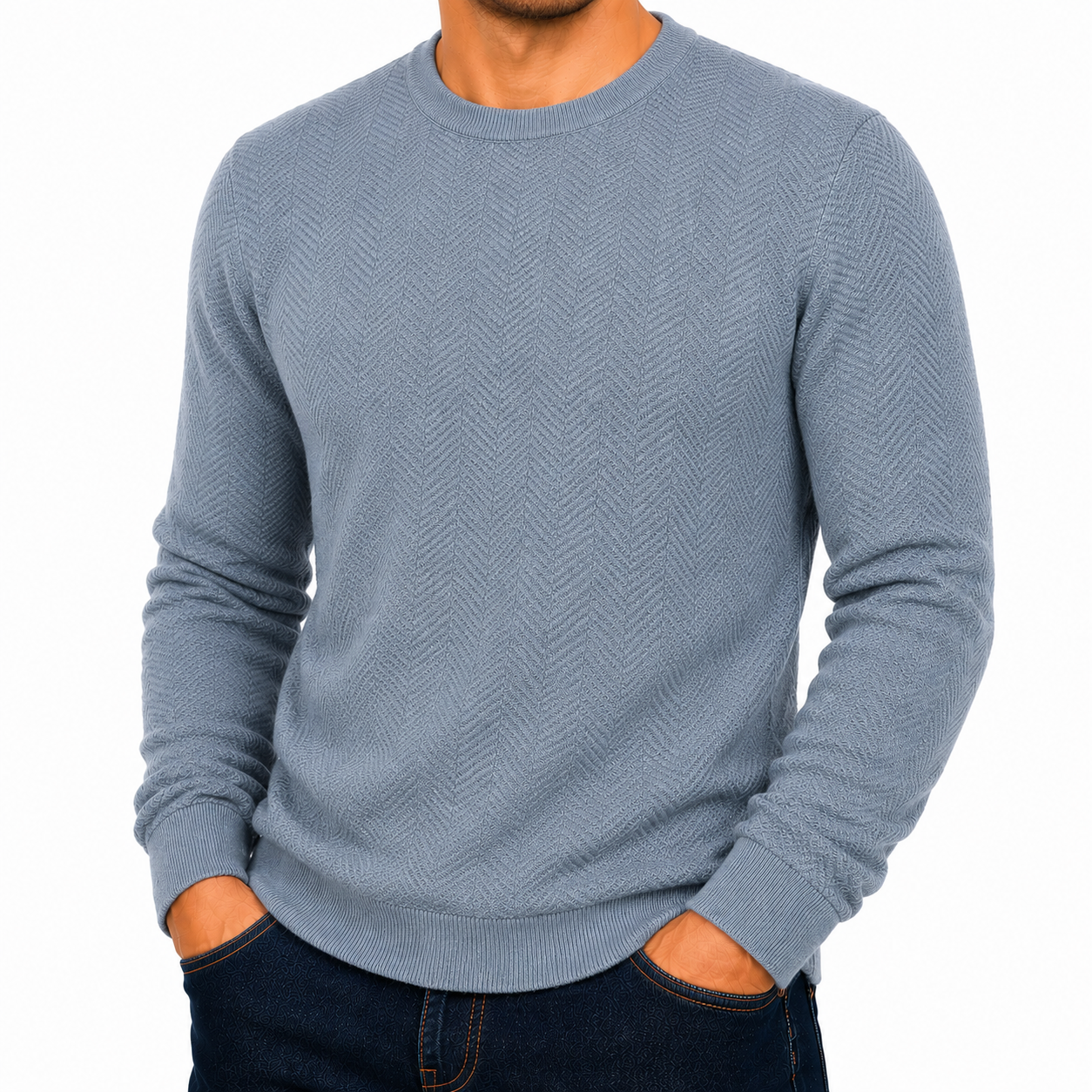 Mens Crew Neck Jumper Chevron Knit Cotton Blend Casual Sweater - Collar Detail - QHA UK