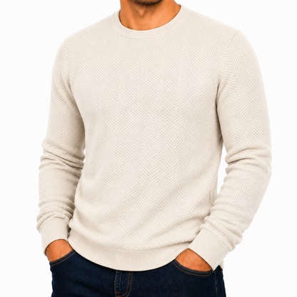 Mens Crew Neck Jumper Chevron Knit Cotton Blend Casual Sweater - Collar Detail - QHA UK