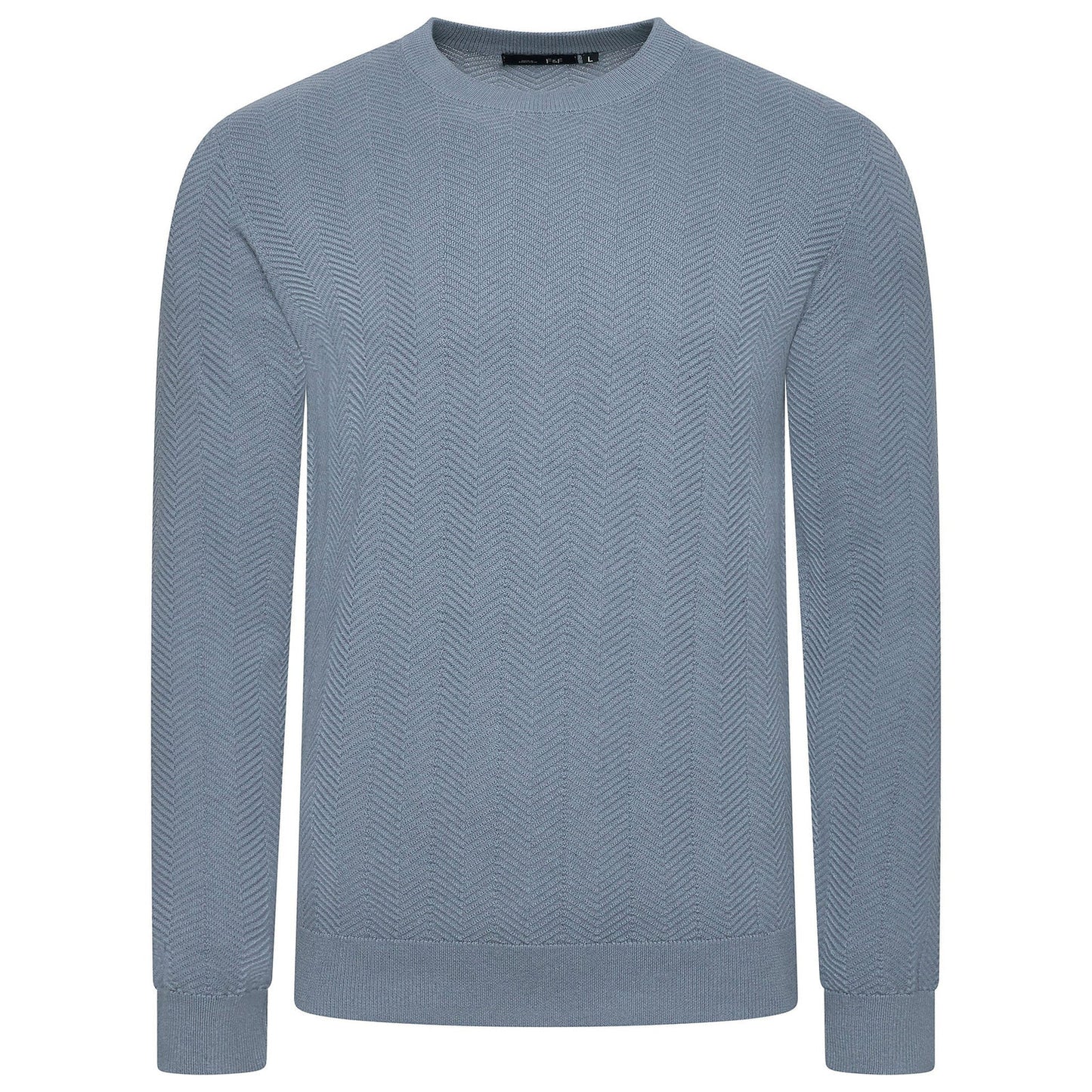 Mens Crew Neck Jumper Chevron Knit Cotton Blend Casual Sweater - Collar Detail - QHA UK