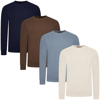 Mens Crew Neck Jumper Chevron Knit Cotton Blend Casual Sweater - Sleeve Detail - QHA UK