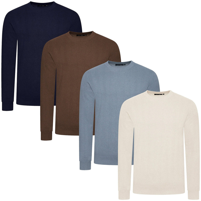 Mens Crew Neck Jumper Chevron Knit Cotton Blend Casual Sweater - Sleeve Detail - QHA UK