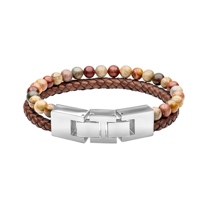 Fred Bennett Brown Leather and Red Turquoise Stone Bracelet - QHA UK