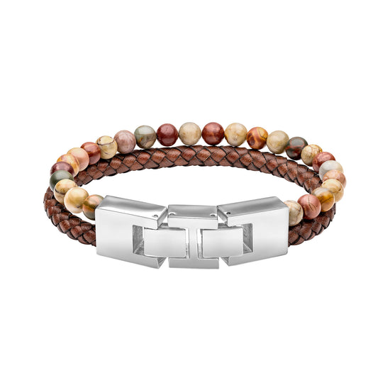 Fred Bennett Brown Leather and Red Turquoise Stone Bracelet - QHA UK