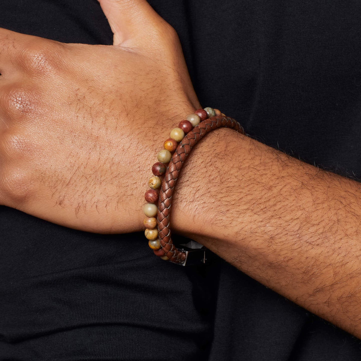 Fred Bennett Brown Leather and Red Turquoise Stone Bracelet - QHA UK