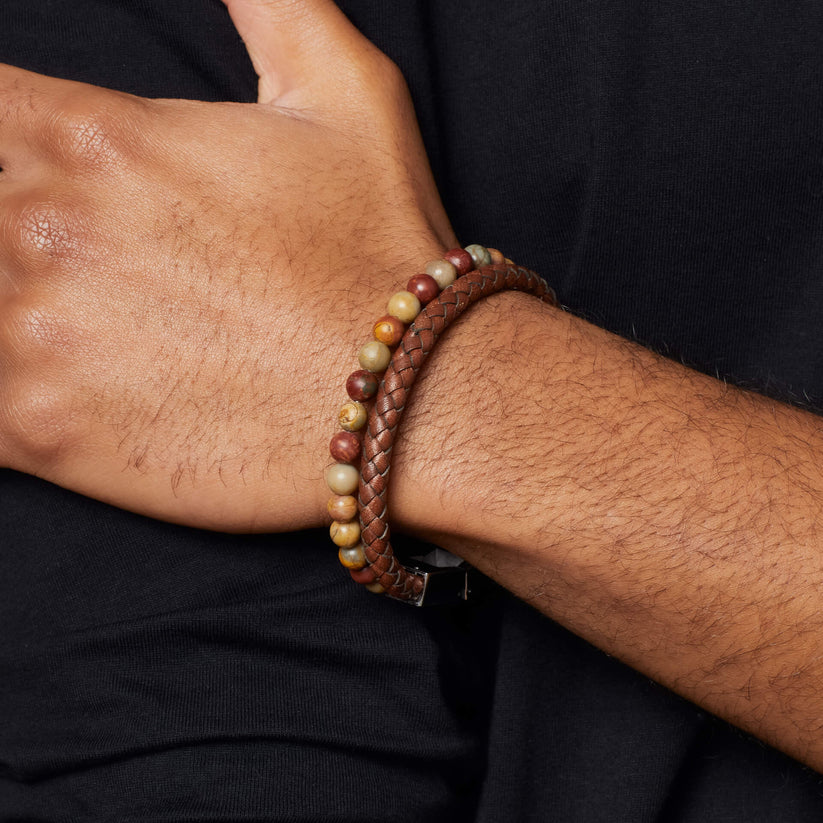 Fred Bennett Brown Leather and Red Turquoise Stone Bracelet - QHA UK