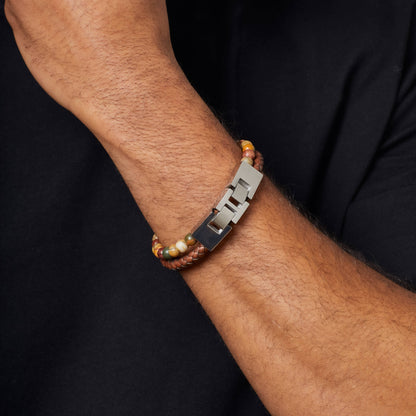 Fred Bennett Brown Leather and Red Turquoise Stone Bracelet - QHA UK