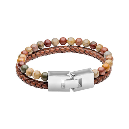 Fred Bennett Brown Leather and Red Turquoise Stone Bracelet - QHA UK