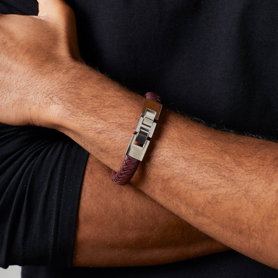 Fred Bennett Burgundy Leather Bracelet with Statement Clasp - QHA UK