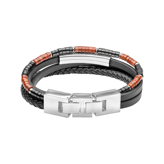 Fred Bennett Red Jasper and Onyx Multi- Layer Leather Bracelet - QHA UK
