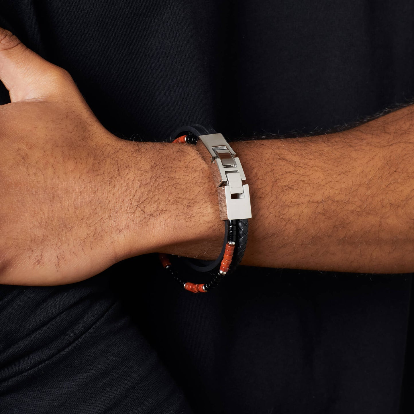 Fred Bennett Red Jasper and Onyx Multi- Layer Leather Bracelet - QHA UK