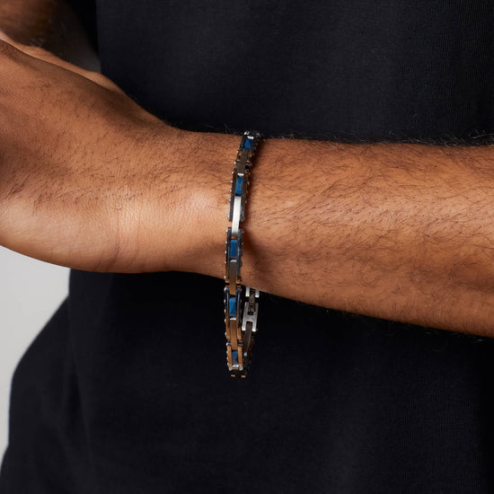 Fred Bennett Stainless Steel and Blue Ceramic Link Bracelet - QHA UK