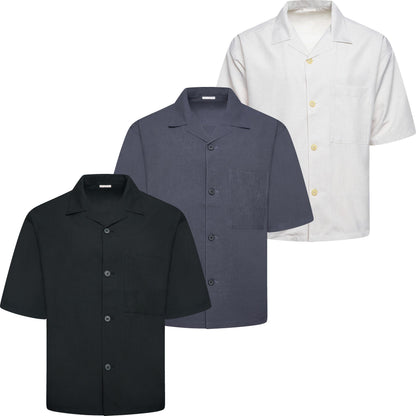 Men's Open Collar Summer Shirt | Short Sleeve | Relaxed Fit | S–XL | Black Grey Beige - Collar Detail - QHA UK