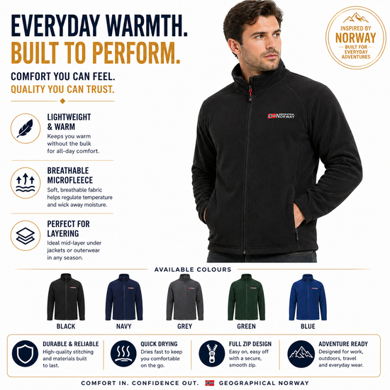 Geographical Norway Mens Fleece Jacket Full Zip Lightweight Warm Coat - Zip Detail - QHA UK