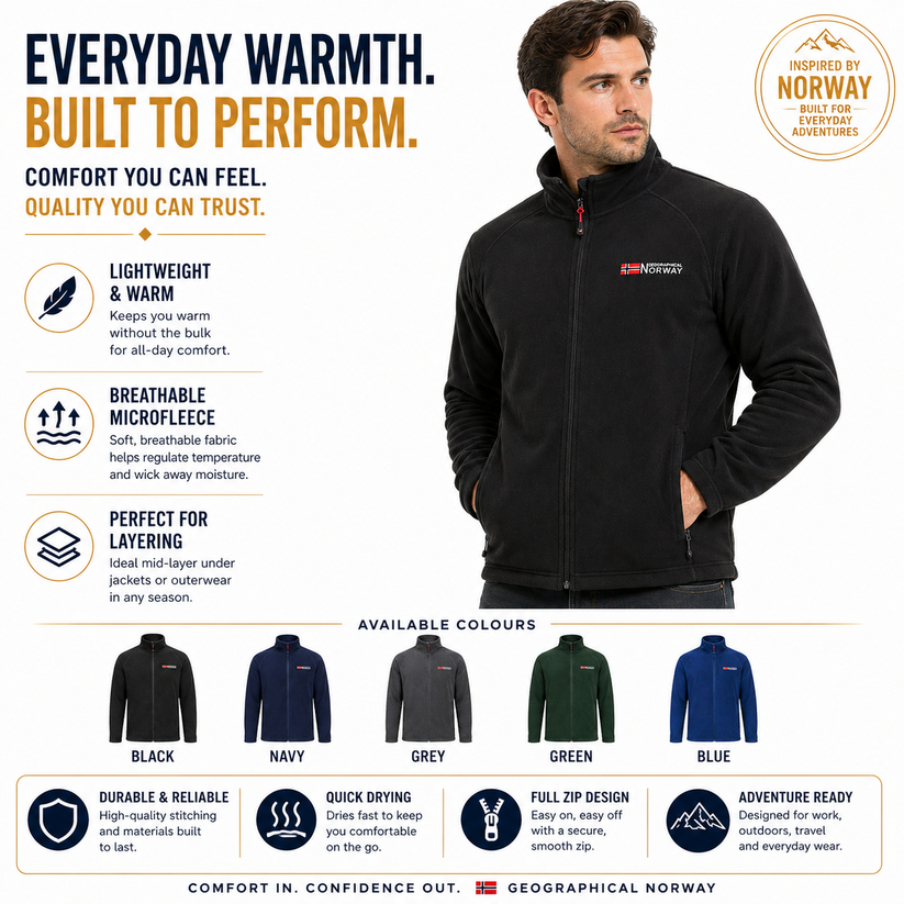 Geographical Norway Mens Fleece Jacket Full Zip Lightweight Warm Coat - Zip Detail - QHA UK