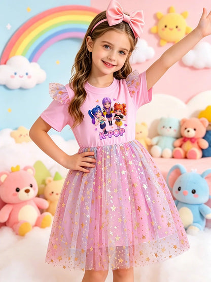 Girls Cartoon Idol Sequin Mesh Princess Dress Ages 3 to 10 - QHA UK