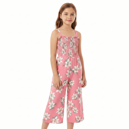 Girls' Pink Lily Print Wide-Leg Jumpsuit | Suspender Ages 4-7 Years - QHA UK