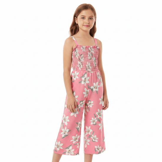 Girls' Pink Lily Print Wide-Leg Jumpsuit | Suspender Ages 4-7 Years - QHA UK