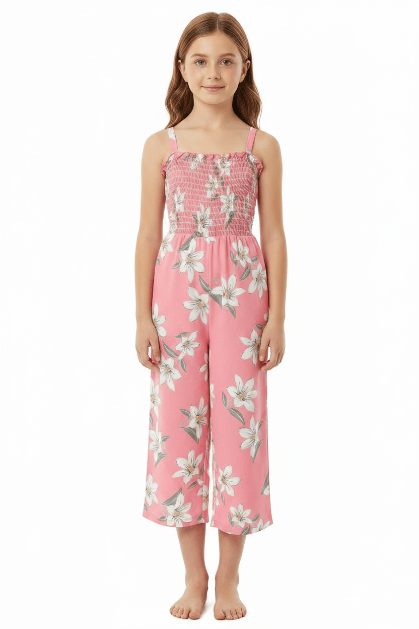 Girls' Pink Lily Print Wide-Leg Jumpsuit | Suspender Ages 4-7 Years - Pattern Detail - QHA UK