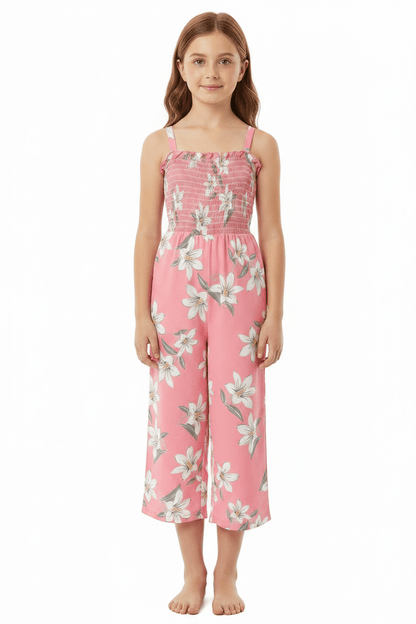 Girls' Pink Lily Print Wide-Leg Jumpsuit | Suspender Ages 4-7 Years - Pattern Detail - QHA UK