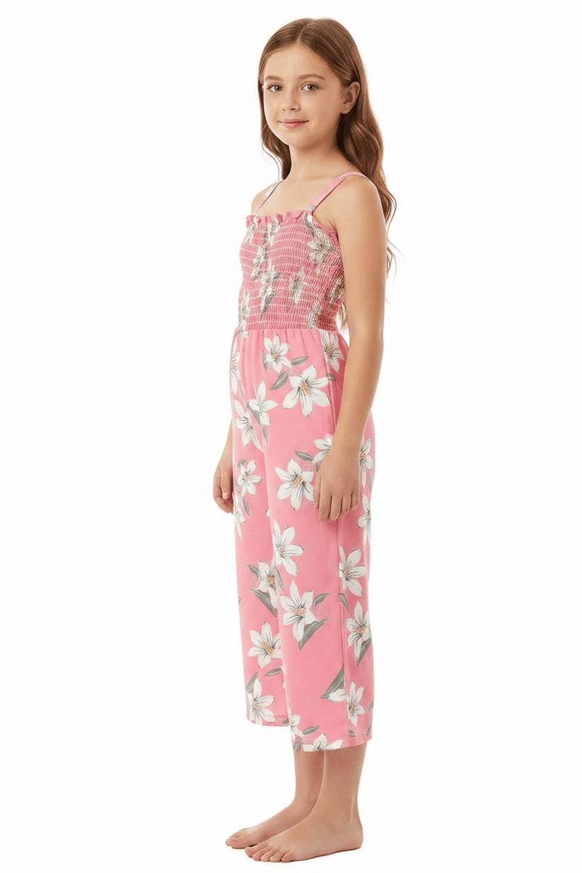 Girls' Pink Lily Print Wide-Leg Jumpsuit | Suspender Ages 4-7 Years - Pattern Detail - QHA UK