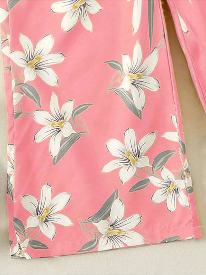 Girls' Pink Lily Print Wide-Leg Jumpsuit | Suspender Ages 4-7 Years - Pattern Detail - QHA UK