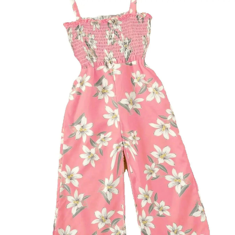 Girls' Pink Lily Print Wide-Leg Jumpsuit | Suspender Ages 4-7 Years - Pattern Detail - QHA UK