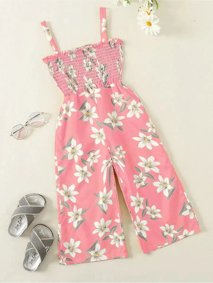 Girls' Pink Lily Print Wide-Leg Jumpsuit | Suspender Ages 4-7 Years - Pattern Detail - QHA UK