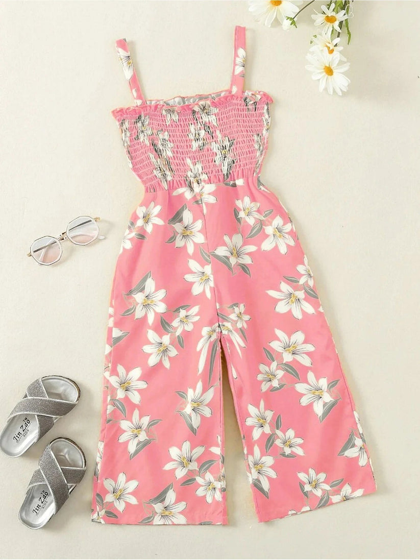 Girls' Pink Lily Print Wide-Leg Jumpsuit | Suspender Ages 4-7 Years - Pattern Detail - QHA UK