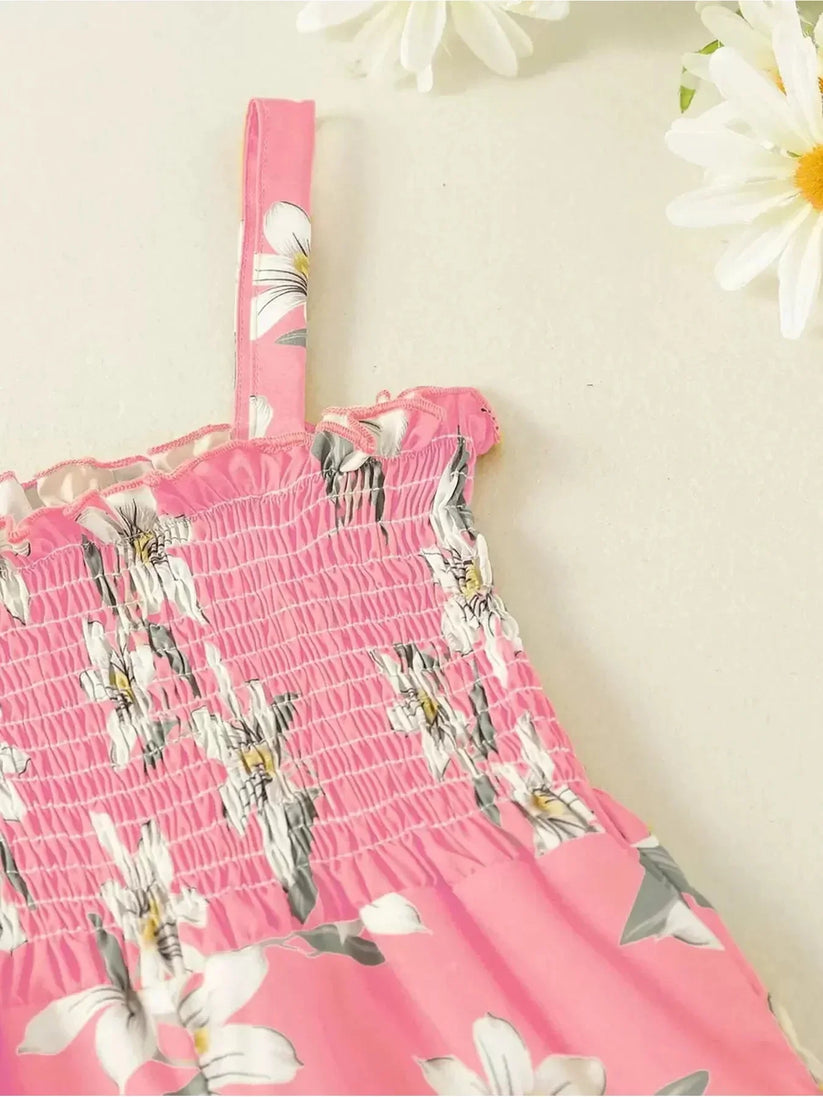 Girls' Pink Lily Print Wide-Leg Jumpsuit | Suspender Ages 4-7 Years - Pattern Detail - QHA UK