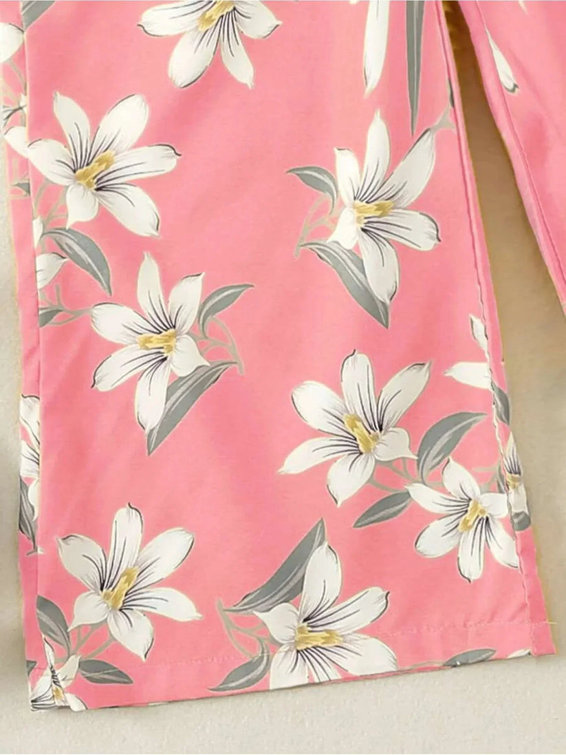 Girls' Pink Lily Print Wide-Leg Jumpsuit | Suspender Ages 4-7 Years - Pattern Detail - QHA UK