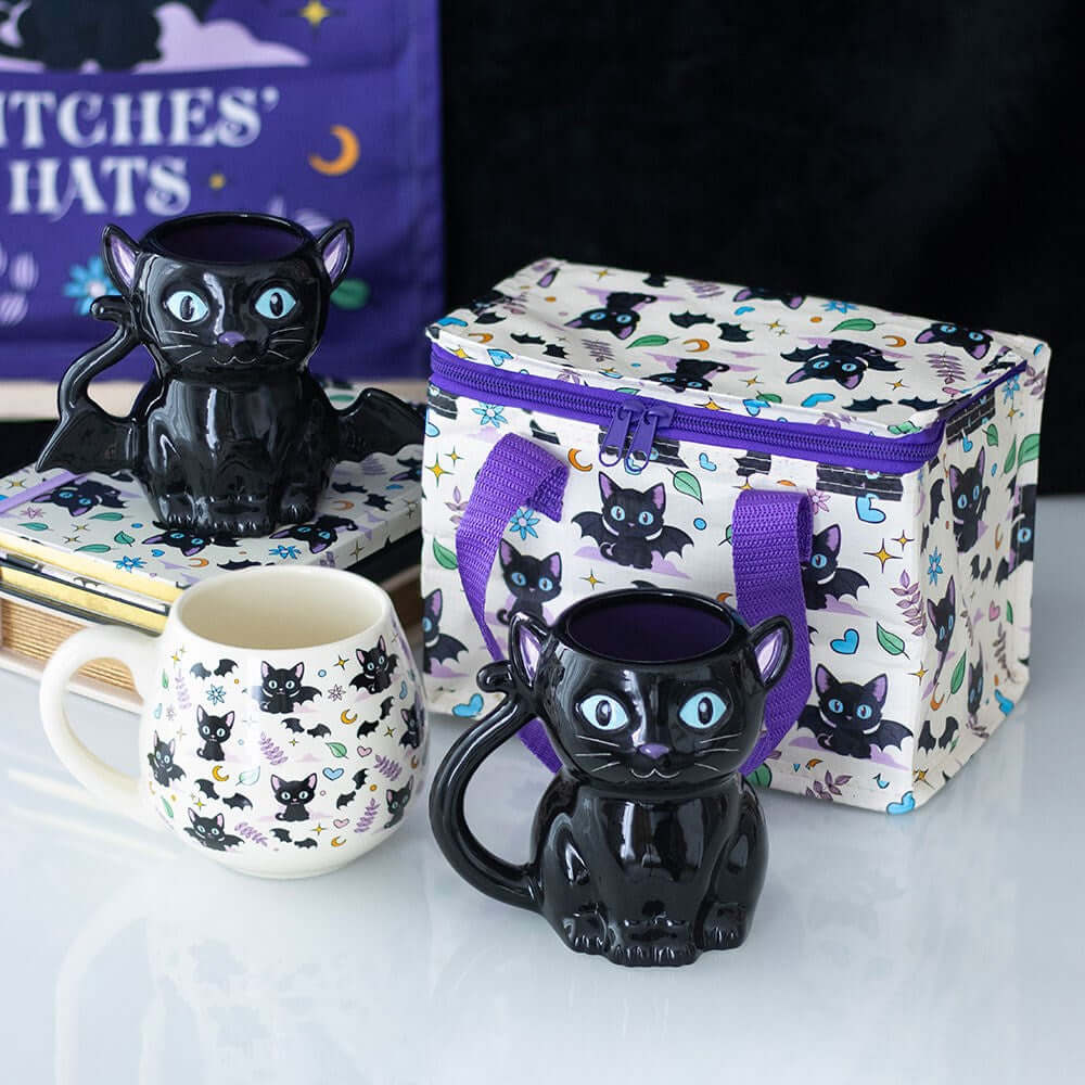 Gothic Gifts Lunch Bag Cute and Creepy Cat Print - Pattern Detail - QHA UK