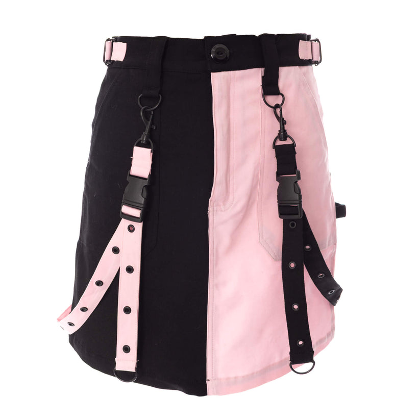 Chemical Black Gothic Mini Skirt Black Pink Strap Detail UK 10-18 - QHA UK