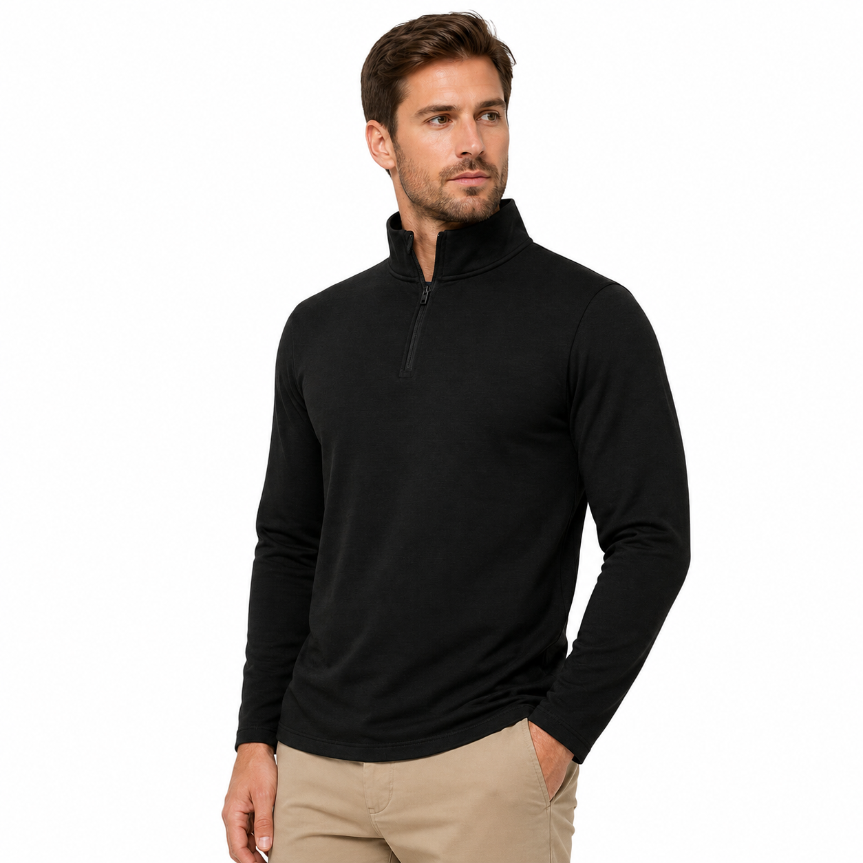 Mens Thermal Quarter Zip Pullover Stretch Lightweight Layering Top - Zip Detail - QHA UK