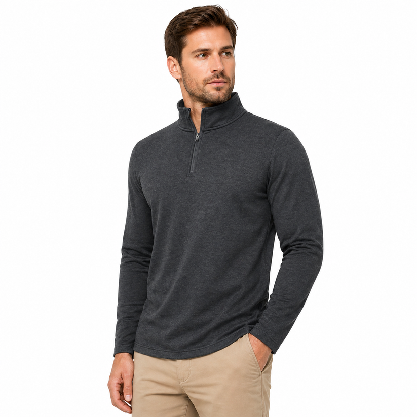 Mens Thermal Quarter Zip Pullover Stretch Lightweight Layering Top - Zip Detail - QHA UK