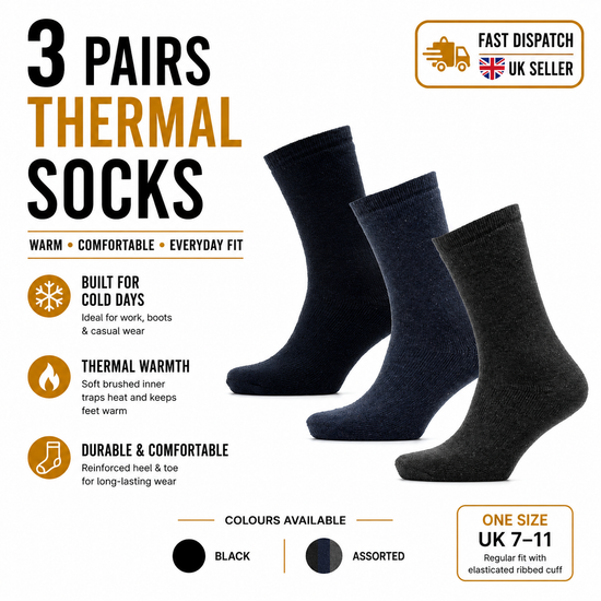 HeatGuard 3 Pairs Mens Thermal Socks Winter Warm Work Socks UK 7-11 - QHA UK