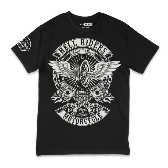 Late Brake Hell Riders Winged T-Shirt Cotton Car Enthusiast Tee - QHA UK