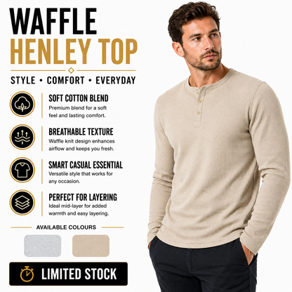 Mens Henley Long Sleeve T Shirt Waffle Knit Cotton Casual Top | Qualit - QHA UK