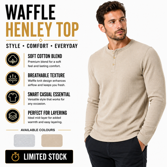 Mens Henley Long Sleeve T Shirt Waffle Knit Cotton Casual Top | Qualit - QHA UK