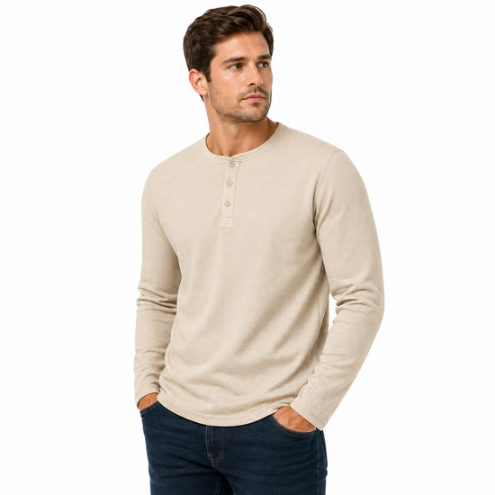 Mens Henley Long Sleeve T Shirt Waffle Knit Cotton Casual Top | Qualit - Sleeve Detail - QHA UK