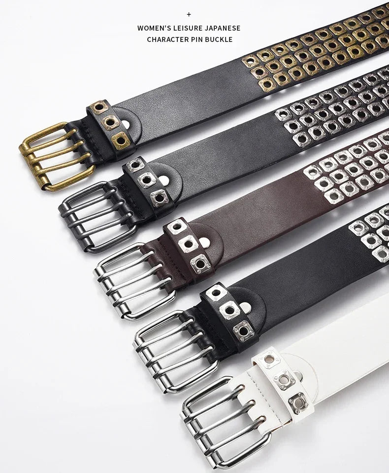 Womens Goth Punk Studded Belt Y2K Metal Pin Buckle Waistband Streetwea - Buckle Detail - QHA UK