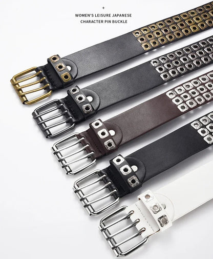 Womens Goth Punk Studded Belt Y2K Metal Pin Buckle Waistband Streetwea - Buckle Detail - QHA UK