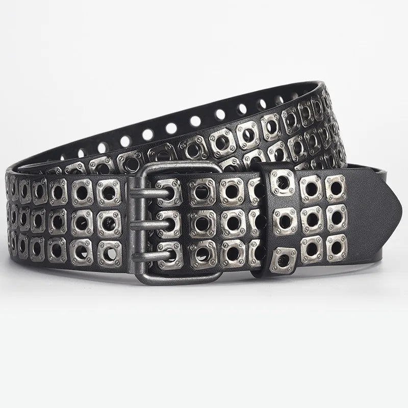 Womens Goth Punk Studded Belt Y2K Metal Pin Buckle Waistband Streetwea - Buckle Detail - QHA UK